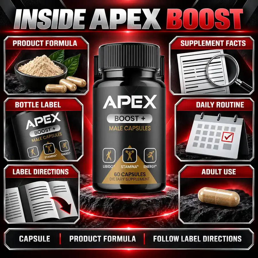 Inside Apex Boost infographic showing the product formula, bottle label, supplement facts panel and label directions